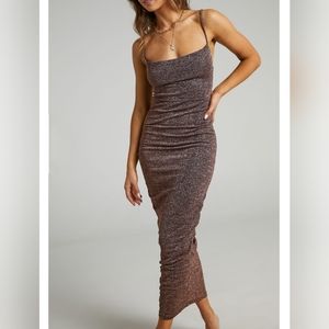 SHOWPO ROMA MIDI DRESS - RUCHED COWL NECK DRESS IN CHOCOLATE LUREX